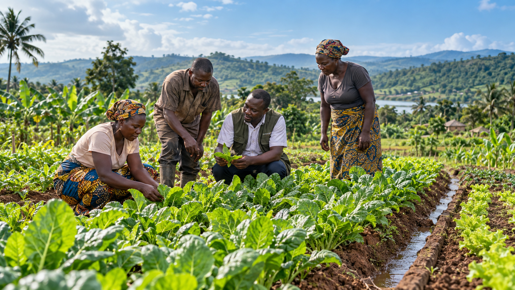 Illustrative rural agricultural fields and local farmers in Sierra Leone.