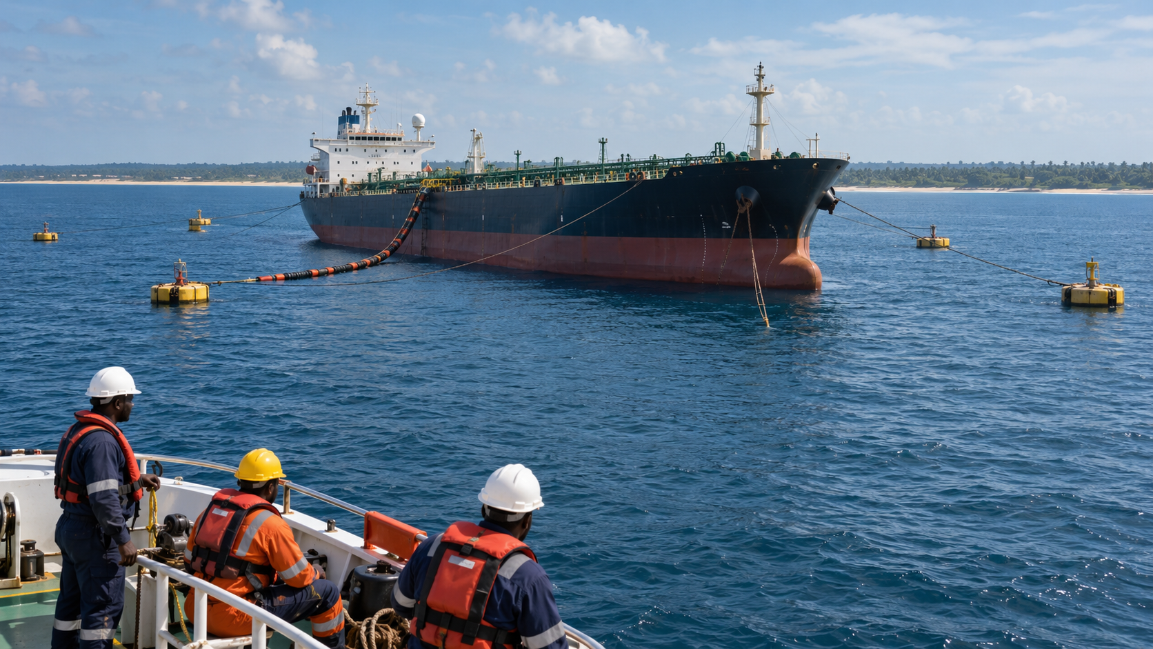 AI-generated illustration of a tanker secured by multiple conventional mooring buoys offshore Ghana, with a local marine support crew.