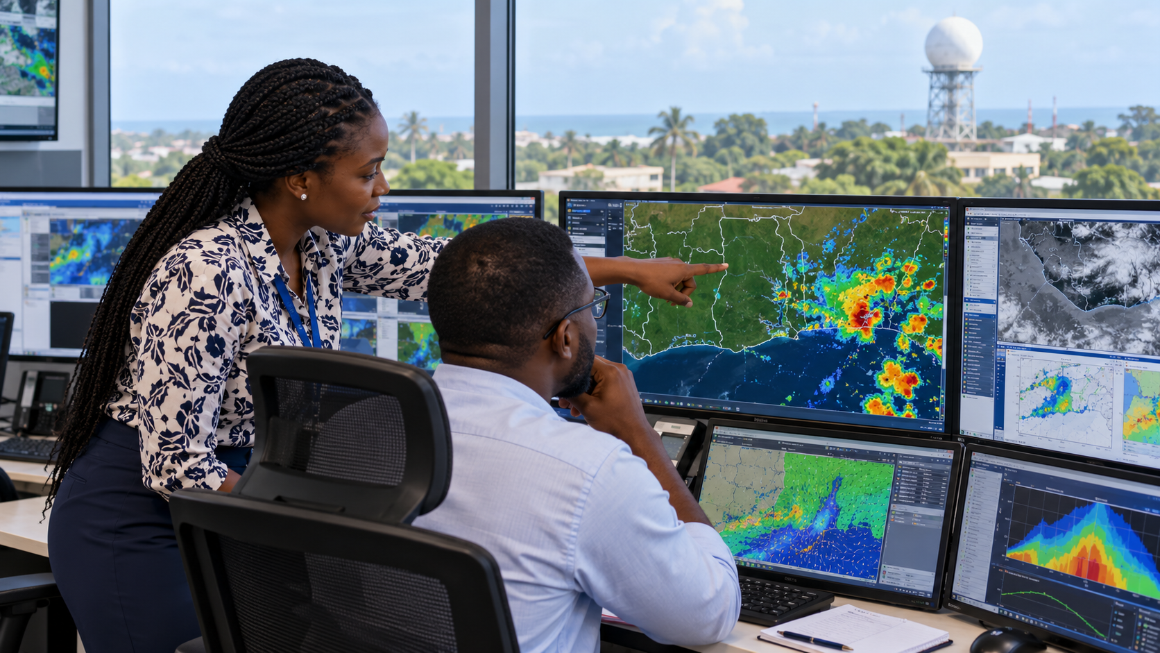 AI-generated illustration of Ghanaian meteorologists examining rainfall and storm patterns on weather radar displays.