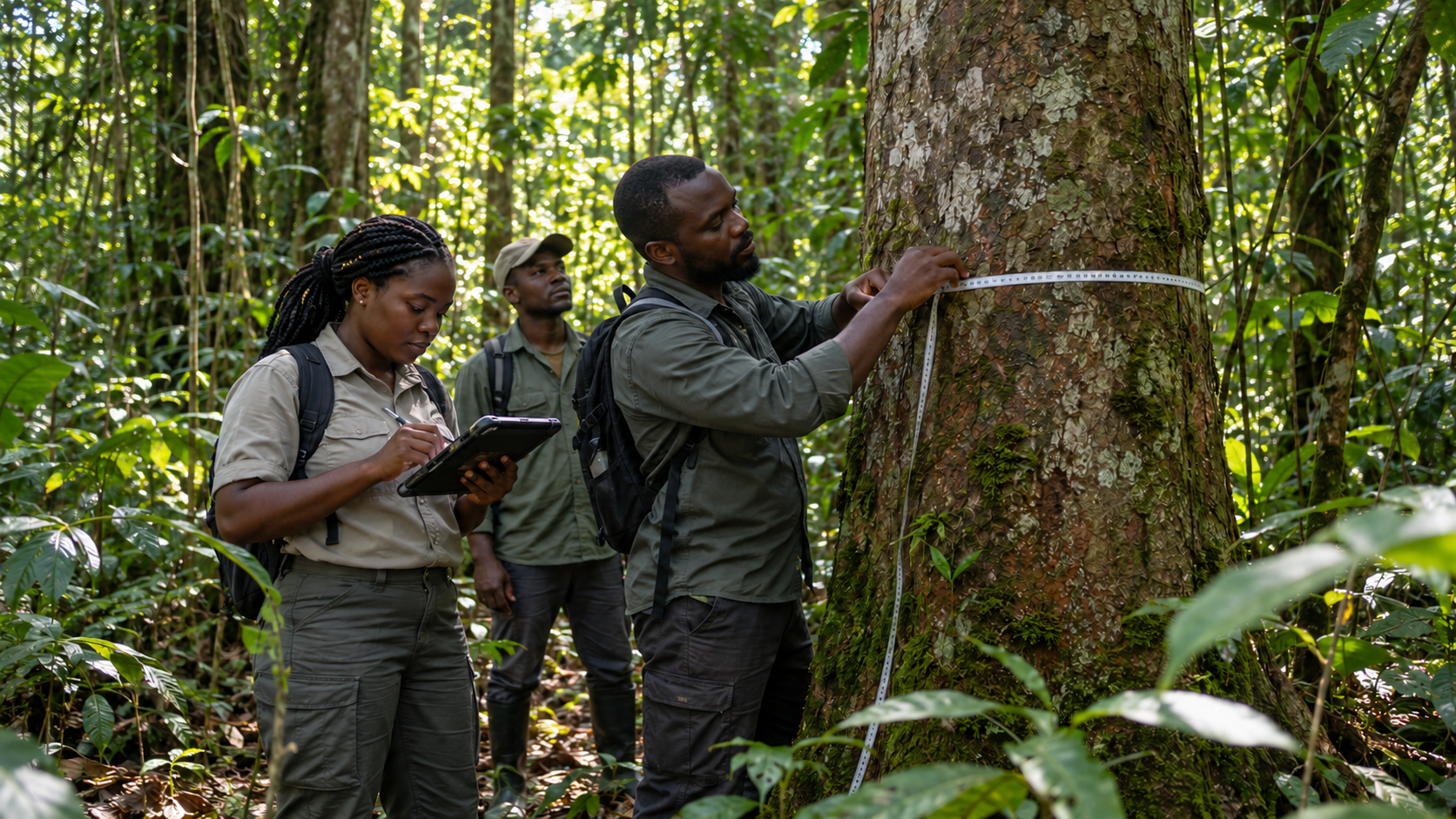 AI-generated illustration of Liberian forestry specialists measuring a tree and recording forest assessment data.