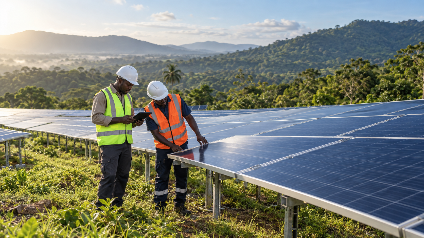 Illustrative ground-mounted solar panels and technicians in a tropical Sierra Leone setting.