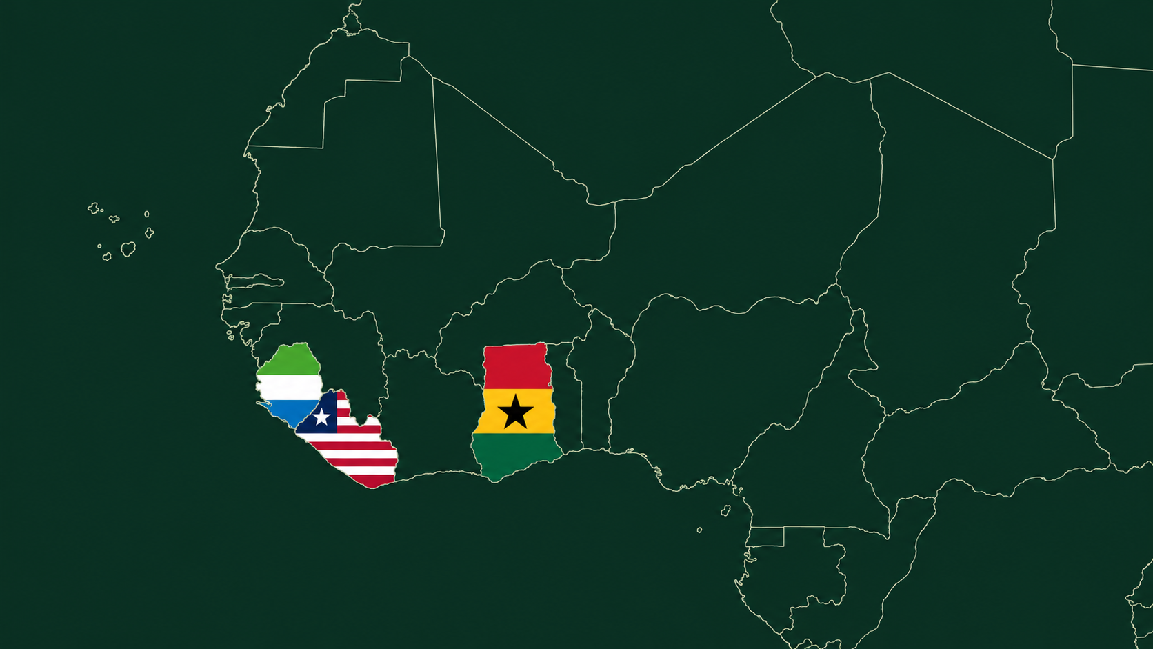 Map of West Africa with the national flags of Sierra Leone, Liberia and Ghana filling their country borders against forest green